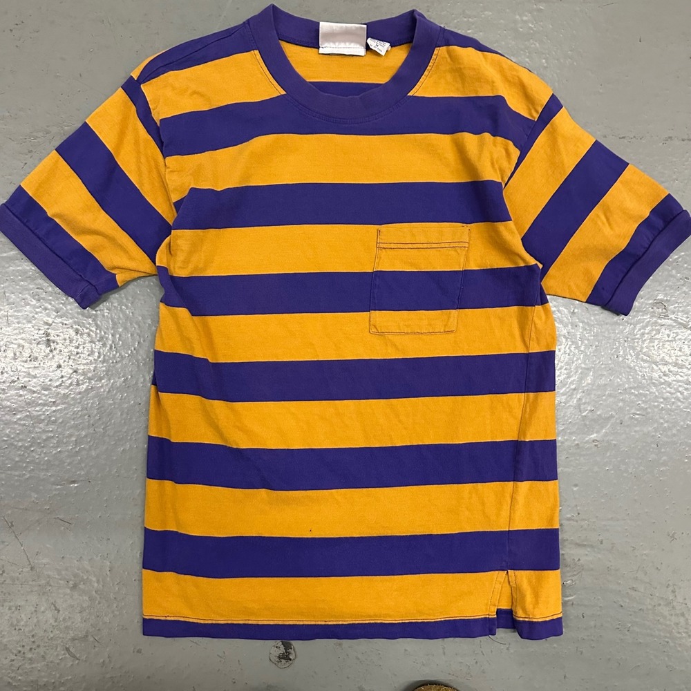 Vintage Nordstrom Mens Striped Pocket T Shirt Medium Purple Gold Preowned Flaw